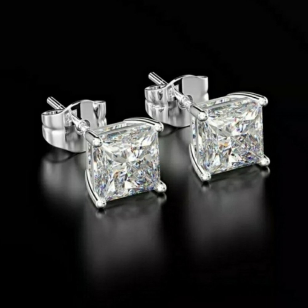 SQUARE LAB CREATED  MOISSANITE STERLING SILVER POST EARRINGS